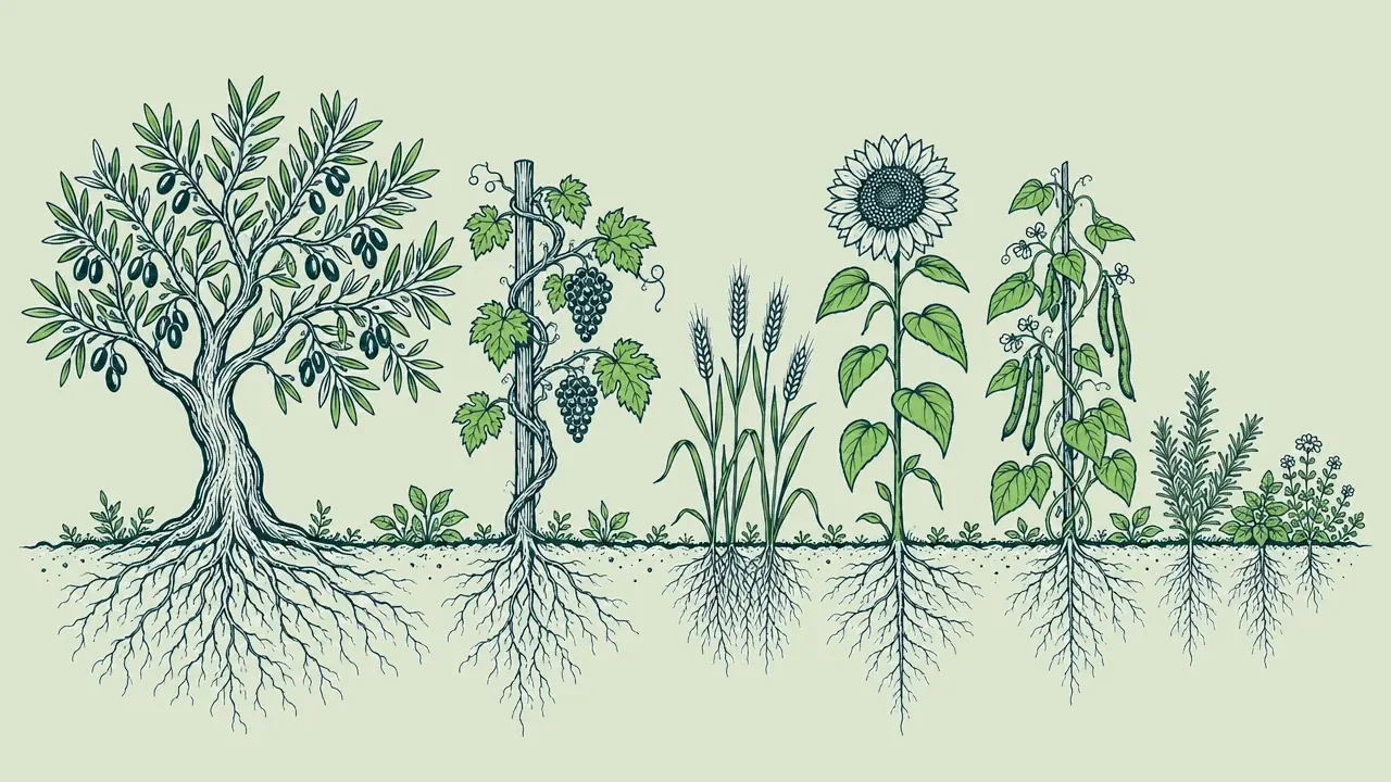 An olive tree, a grapevine, wheat, a sunflower, climbing beans and herbs growing side by side in one field